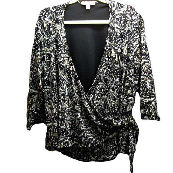 COLDWATER CREEK 2X Black/White/Gold Top 3/4 sl - Picture 1 of 5